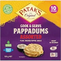 pataks pappadums plain, cracked pepper & garlic
