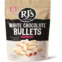rj's licorice white choc raspberry bullets